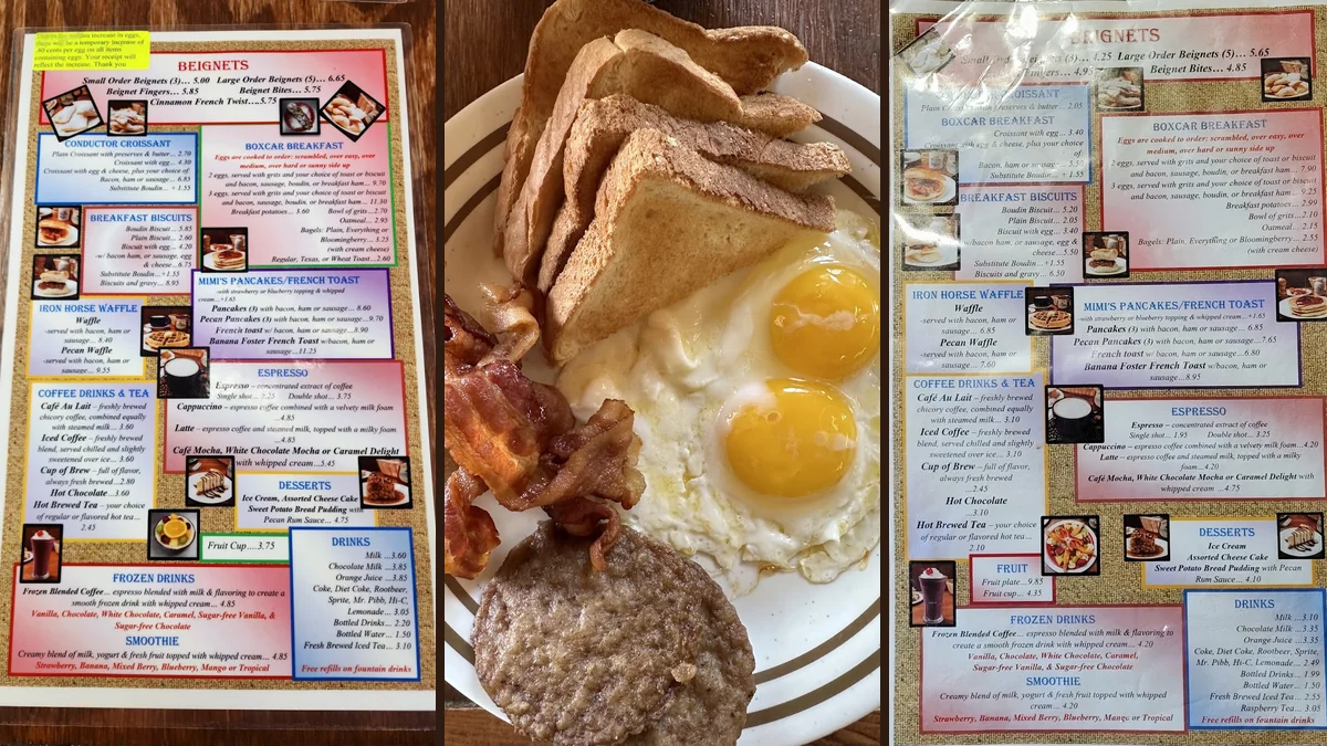 Breakfast restaurant interior with simple seating and menu boards.